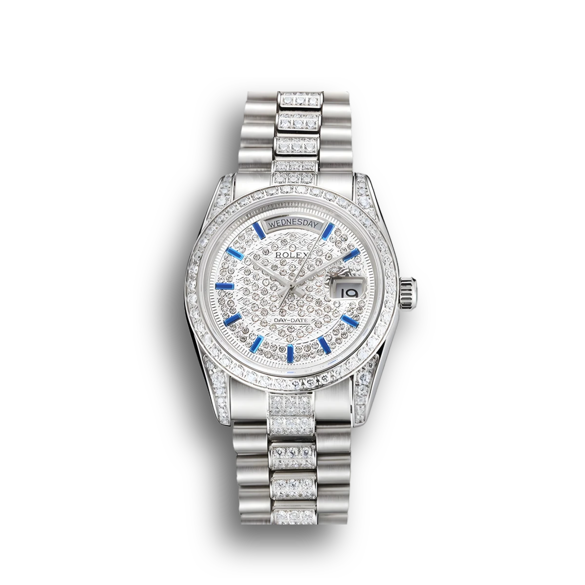 Super Clone Rolex Day-Date Diamond Pave Dial And Bezel And Stainless Steel Bracelet