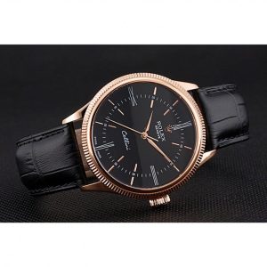 Super Clone Rolex Cellini Time Rose Gold Case Black Dial Black Leather Bracelet  622656 - Afbeelding 4