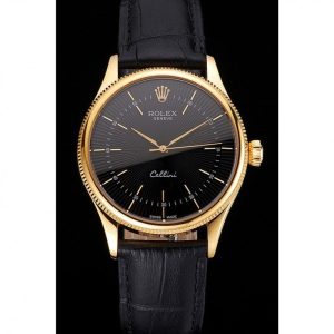 Alternative view of Super Clone Rolex Cellini Black Dial Gold Markings Gold Case Black Leather Strap
