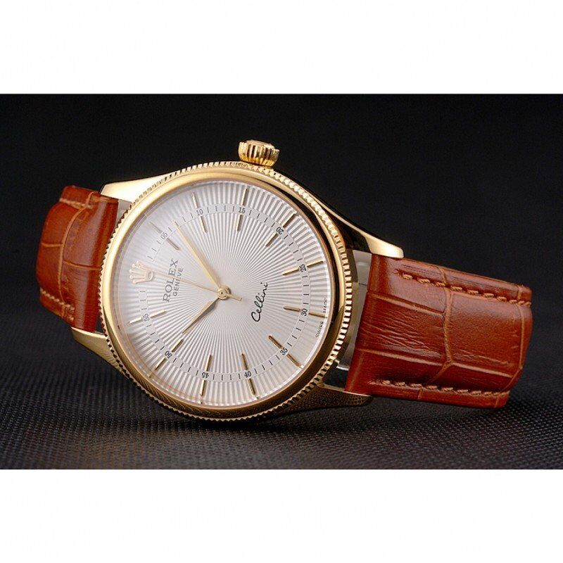 Super Clone Rolex Cellini White Guilloche Dial Gold Case Light Brown Leather Strap - Image 4