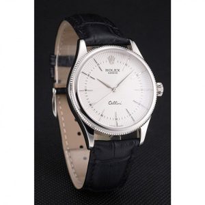 Super Clone Rolex Cellini White Guilloche Dial Stainless Steel Case Black Leather Strap – Image 3