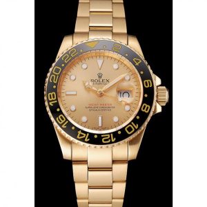 Alternative view of Super Clone Rolex GMT Master II Gold Dial Black Bezel Gold Case And Bracelet 1453749