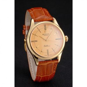 Super Clone Rolex Cellini Gold Dial Roman Numerals Gold Case Light Brown Leather Strap - Imagen 3