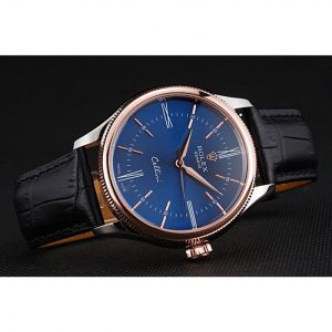 Rolex Cellini Blue Dial Gold Bezel Stainless Steel Case Black Leather Strap 622841 - Image 5