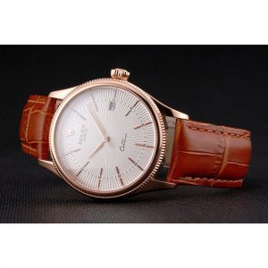 Super Clone Rolex Cellini Date White Dial Rose Gold Case Brown Leather Strap - Image 5