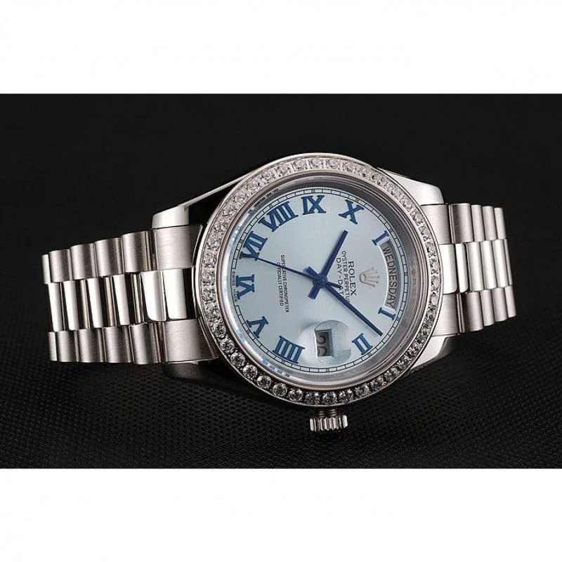 Super Clone Rolex Day-Date Ice Blue Dial Diamond Case Stainless Steel Bracelet 1453962 - Image 4