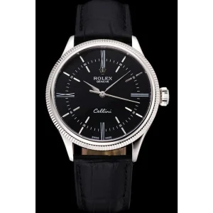 وجهة نظر بديلة لـ Super Clone Rolex Cellini Time Silver Case Black Dial Black Leather Bracelet  622654