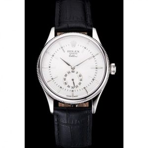 Alternative view of Super Clone Rolex Cellini White Dial Stainless Steel Case Black Leather Strap
