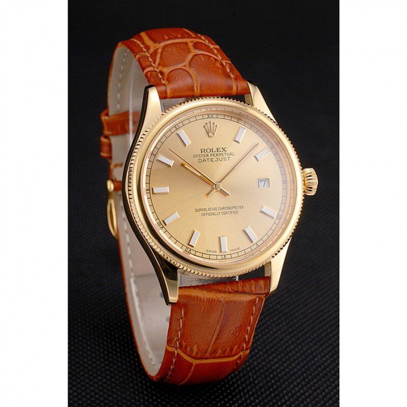 Super Clone Rolex Datejust Gold Dial Gold Case Light Brown Leather Strap - Image 3