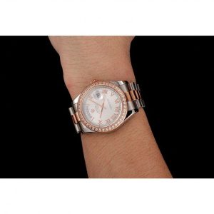 Super Clone Rolex Day-Date Diamonds Bezel White Dial Rose Gold And Staineless Steel Bracelet 1454108 - Image 10