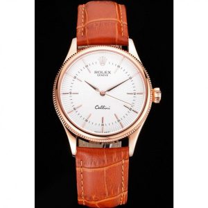 Alternative view of Super Clone Rolex Cellini White Dial Rose Gold Case Brown Leather Strap