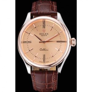 Alternative view of Rolex Cellini Gold Dial And Bezel Stainless Steel Case Brown Leather Strap 622840