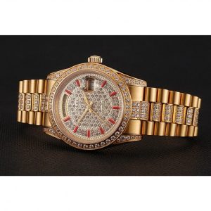 Super Clone Rolex Day-Date Red Diamond Pave Dial Gold Diamond Bracelet 1453960 - Afbeelding 3