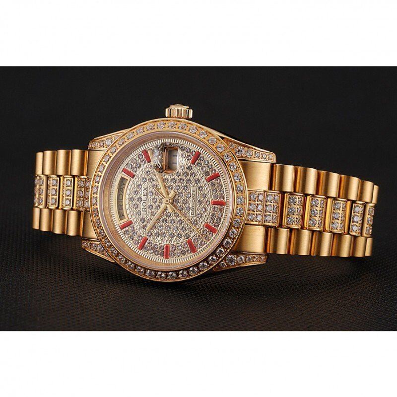 Super Clone Rolex Day-Date Red Diamond Pave Dial Gold Diamond Bracelet 1453960 - Afbeelding 3