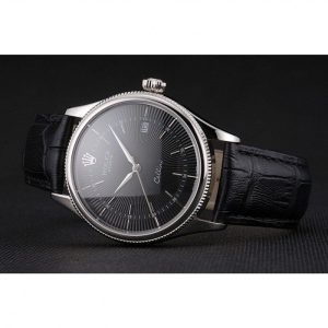 Super Clone Rolex Cellini Date Black Dial Stainless Steel Case Black Leather Strap - Image 5