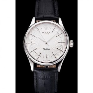 Vista alternativa de Super Clone Rolex Cellini White Guilloche Dial Stainless Steel Case Black Leather Strap
