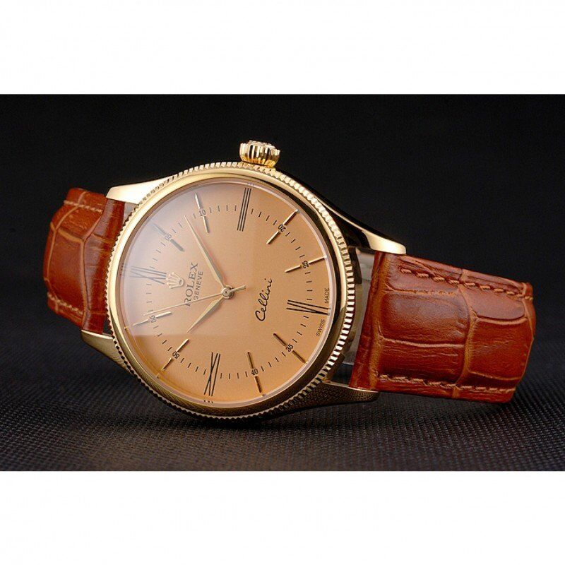 Super Clone Rolex Cellini Gold Dial Roman Numerals Gold Case Light Brown Leather Strap - Imagen 4