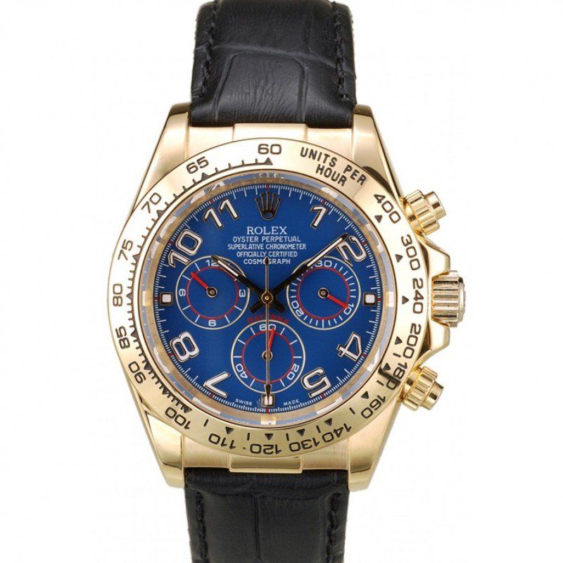 Super Clone Rolex Daytona Gold Case Blue Dial Black Leather Strap - Imagen 13