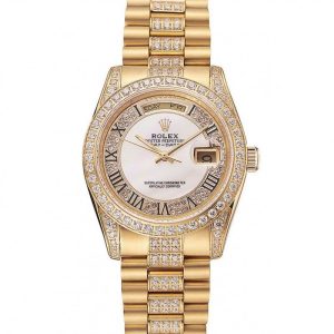 Super Clone Rolex Day-Date Diamond Pave White Dial Gold Diamond Bracelet 1453958 - Image 10
