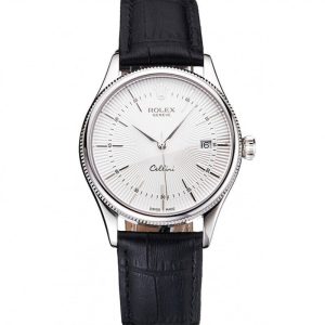 Super Clone Rolex Cellini Date White Dial Stainless Steel Case Black Leather Strap - Image 11