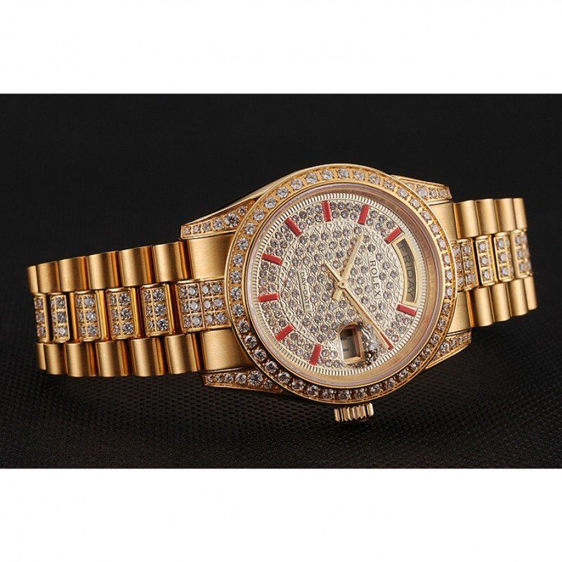 Super Clone Rolex Day-Date Red Diamond Pave Dial Gold Diamond Bracelet 1453960 - Afbeelding 4