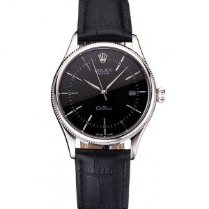 Super Clone Rolex Cellini Date Black Dial Stainless Steel Case Black Leather Strap - Image 11