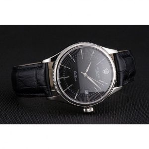 Super Clone Rolex Cellini Date Black Dial Stainless Steel Case Black Leather Strap - Image 4