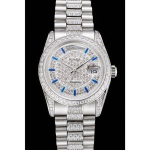 Super Clone Rolex Day-Date Diamond Pave Dial And Bezel And Stainless Steel Bracelet - Image 2
