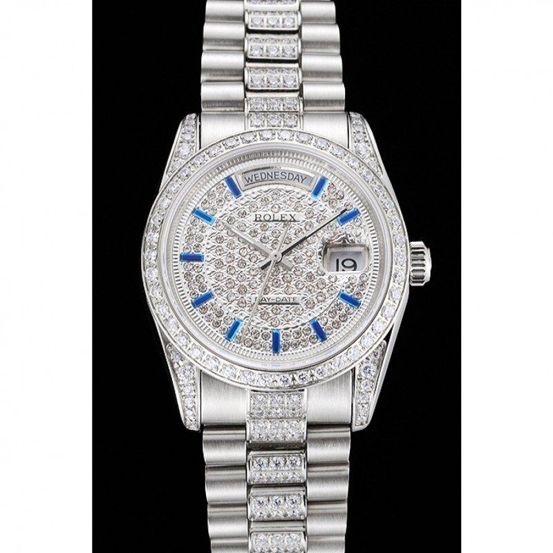 Super Clone Rolex Day-Date Diamond Pave Dial And Bezel And Stainless Steel Bracelet - Image 2