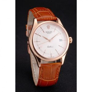 Super Clone Rolex Cellini Date White Dial Rose Gold Case Brown Leather Strap - Image 3