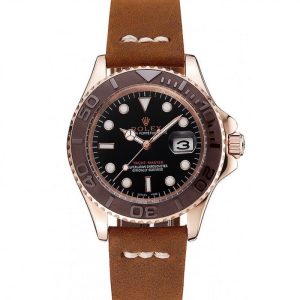Rolex Yacht-Master Black Dial Brown Bezel Rose Gold Case Brown Leather Bracelet 1453860 - Imagen 10