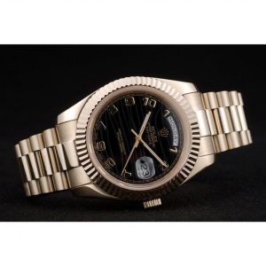 Super Clone Rolex Day-Date Gold Stainless Steel Ribbed Bezel Black Dial 41998 - Afbeelding 4