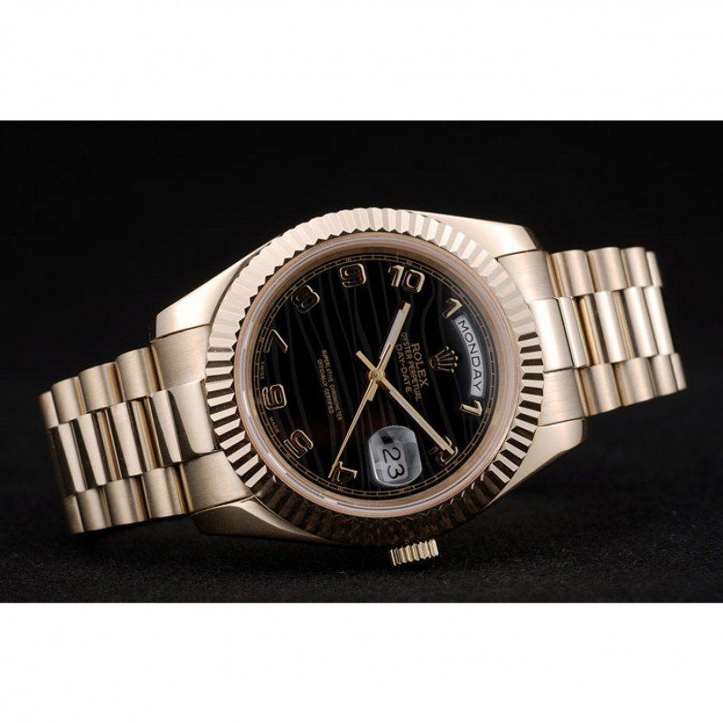 Super Clone Rolex Day-Date Gold Stainless Steel Ribbed Bezel Black Dial 41998 - Afbeelding 4