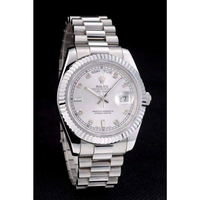 Super Clone Rolex DayDate Stainless Steel Ribbed Bezel Silver Dial 41995 - Image 3