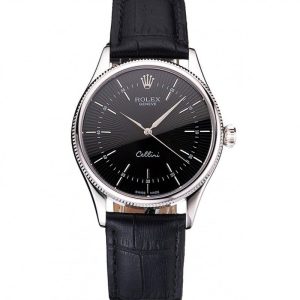 Super Clone Rolex Cellini Black Dial Steel Case Black Leather Strap – Bild 11