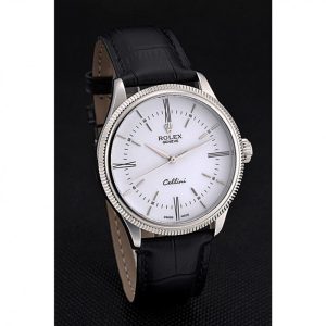 Super Clone Rolex Cellini Time Silver Case White Dial Black Leather Bracelet 622653 – Image 3