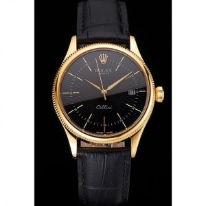 Rolex Cellini Date Black Dial Gold Case Black Leather Strap - Imagen 2
