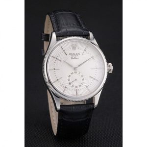 Super Clone Rolex Cellini White Dial Stainless Steel Case Black Leather Strap – Image 3