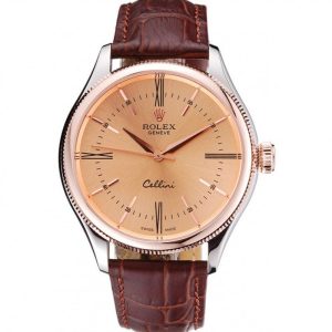 Rolex Cellini Gold Dial And Bezel Stainless Steel Case Brown Leather Strap 622840 - Imagen 11