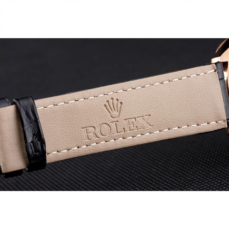 Super Clone Rolex Cellini Black Dial Rose Gold Markings Rose Gold Case Black Leather Strap - Image 7