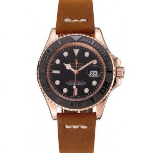Rolex Yacht-Master Black Dial Rose Gold Case Brown Leather Bracelet 1453861 - Imagen 10