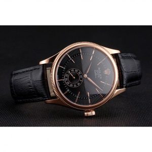 Super Clone Rolex Cellini Black Dial Rose Gold Case Black Leather Strap - Imagen 4