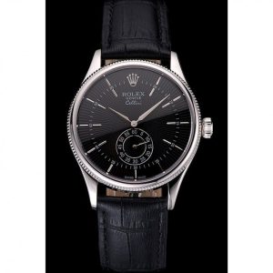 Vista alternativa de Super Clone Rolex Cellini Black Dial Stainless Steel Case Black Leather Strap