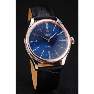 Rolex Cellini Blue Dial Gold Bezel Stainless Steel Case Black Leather Strap 622841 - Image 3