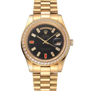 Super Clone Rolex Day-Date Diamonds And Rubies Black Dial Yellow Gold Bracelet 1454101 - Image 11