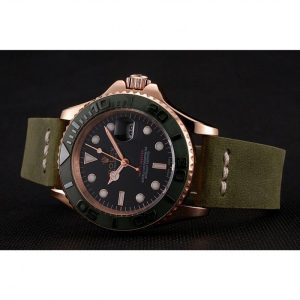 Rolex Yacht-Master Black Dial Green Bezel Rose Gold Case Green Leather Bracelet 1453862 - Imagen 4