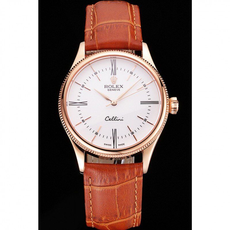 Super Clone Rolex Cellini White Dial Roman Numerals Rose Gold Case Light Brown Leather Strap - Imagen 2