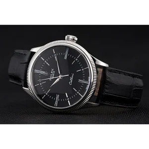 Super Clone Rolex Cellini Time Silver Case Black Dial Black Leather Bracelet  622654 - Imagen 5