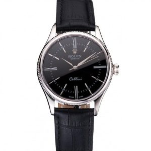 Super Clone Rolex Cellini Black Dial Roman Numerals Stainless Steel Case Black Leather Strap - Image 11