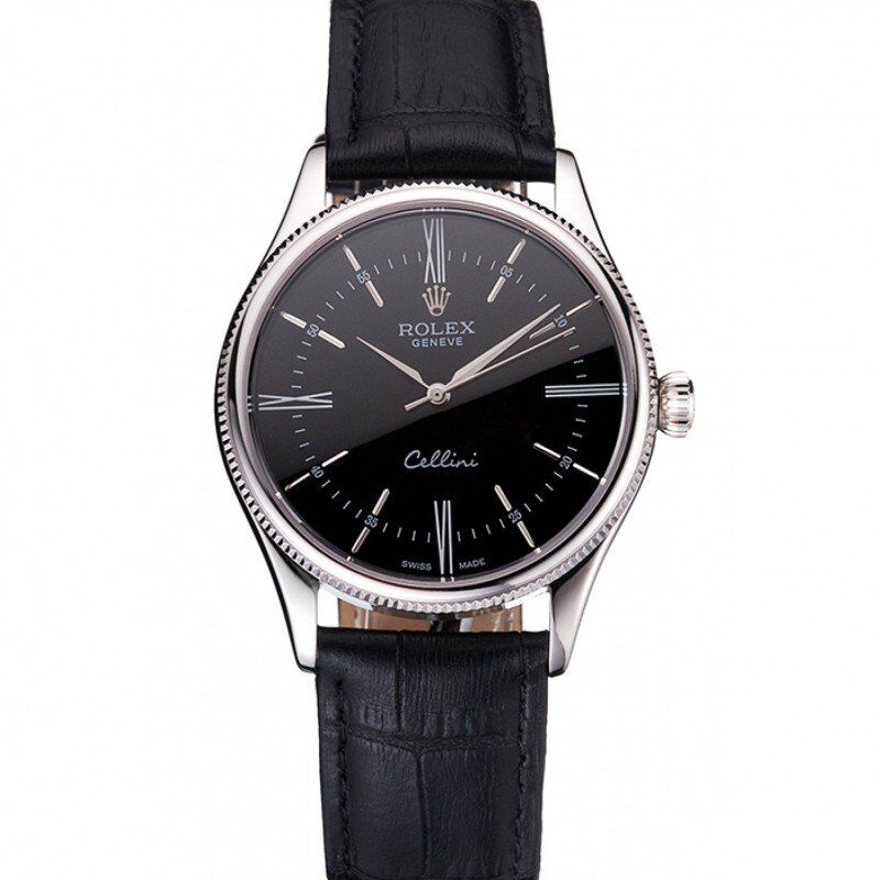 Super Clone Rolex Cellini Black Dial Roman Numerals Stainless Steel Case Black Leather Strap - Image 11